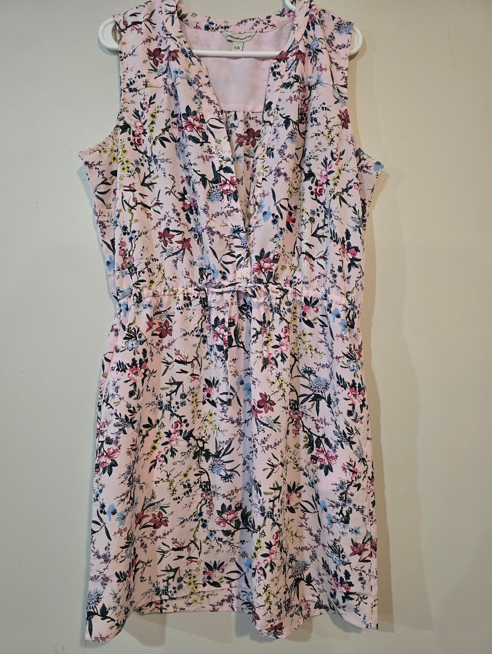 Catherine Malandrino Pink Floral Sleeveless Dress Drawstring Tie Waist. Large